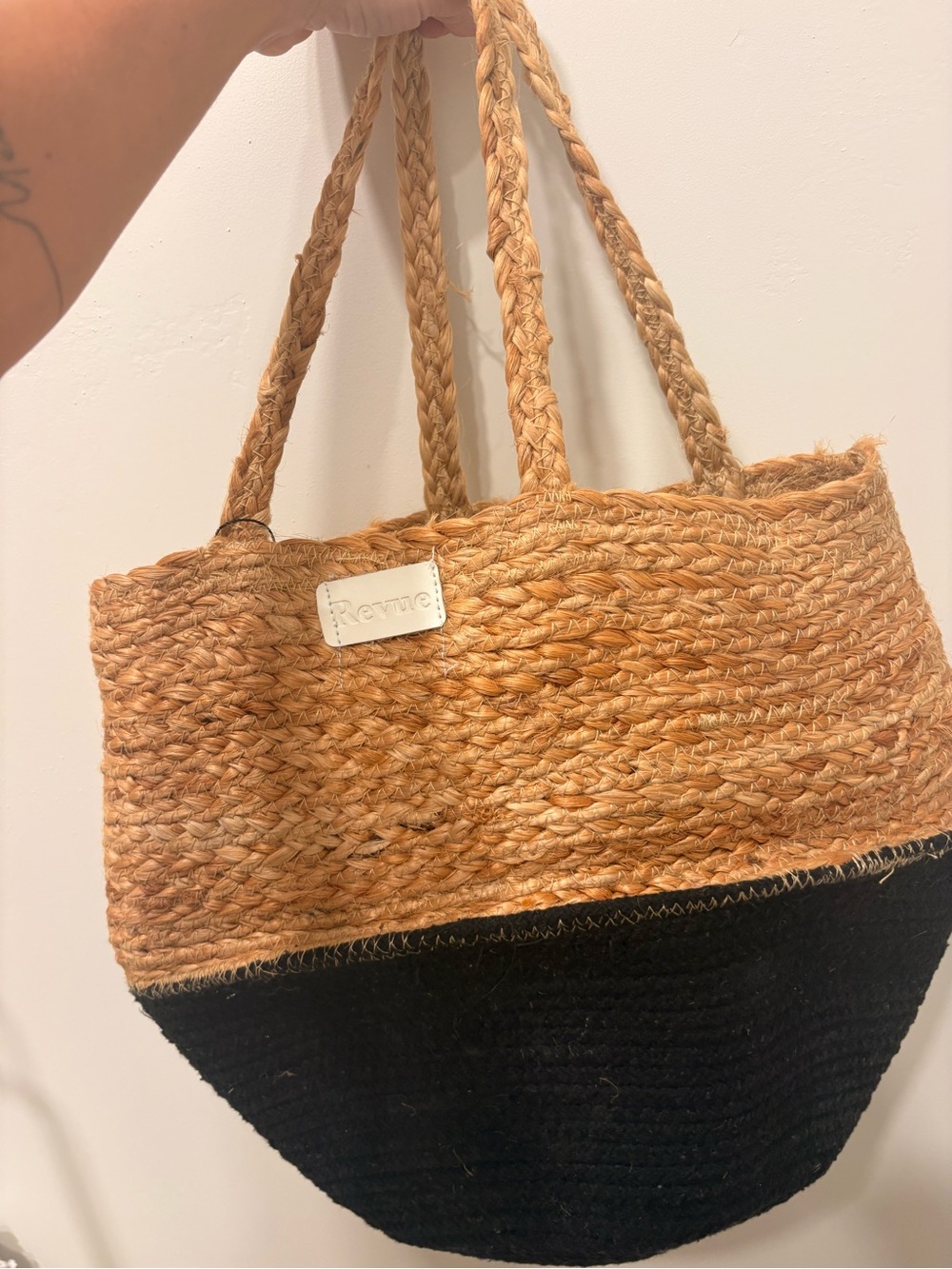 Two-Tone Straw Tote Bag - Natural & Black